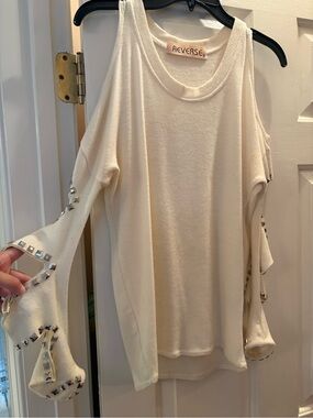 Reverse Cream Cold-Shoulder Top with Studded Draped Sleeves